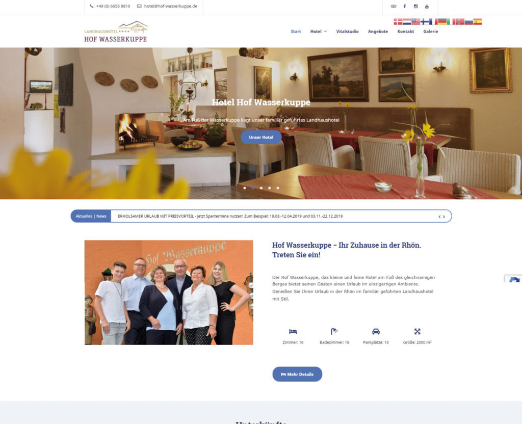 Webseite des Hotels Hof Wasserkuppe in Poppenhausen mit Buchungssystem