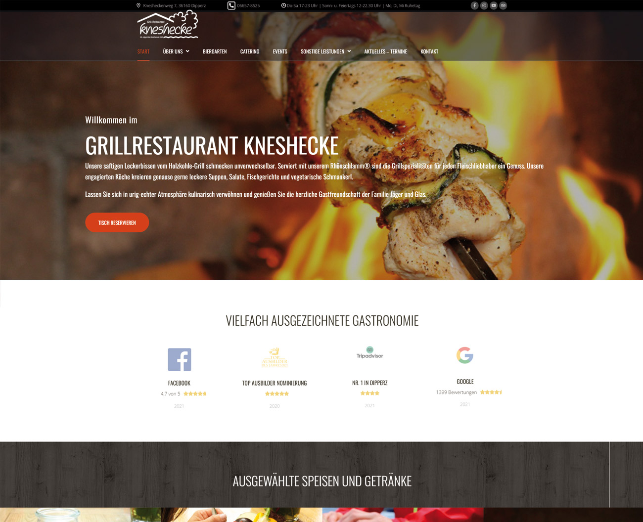Webseite des Grillrestaurants Kneshecke in Dipperz im rustikalen Design