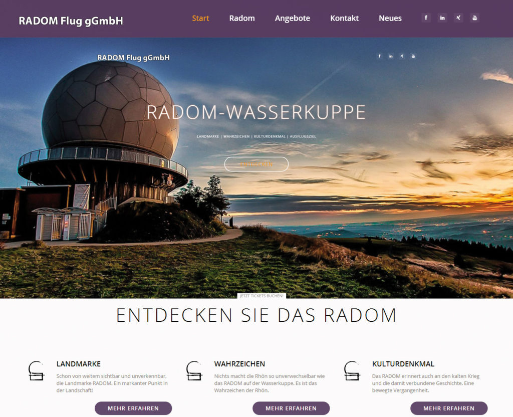 Webseite des RADOM auf der Wasserkuppe mit großformatigen Hintergrundbildern