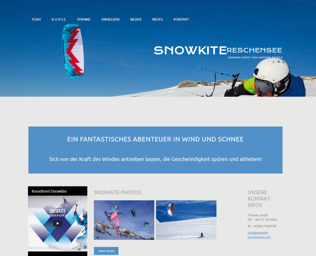 Webseite Snowkite Reschensee mit Buchungsmöglichkeit und Terminkalender