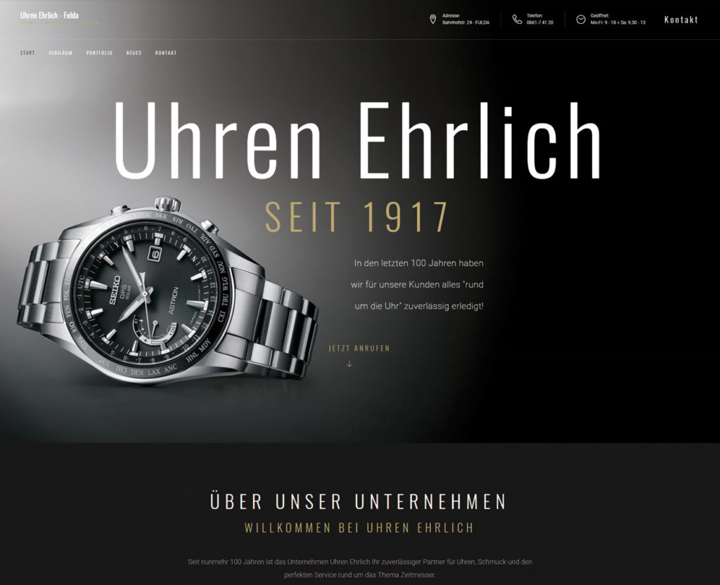 Webseite von Uhren Ehrlich in Fulda zum hundertjährigen Firmenjubiläum